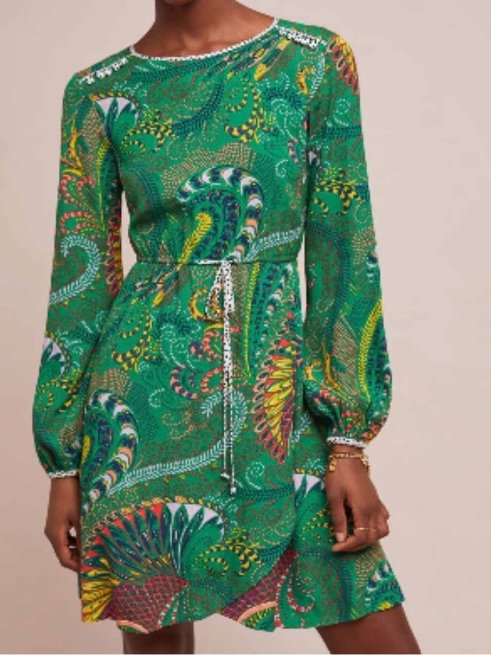 Maeve Anthropologie Janis Dress Green Paisley Drawstring Mini Size 2